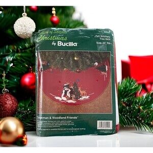 Vintage Bucilla Gallery of Stitches Christmas Skirt Snowman & Woodland Friends